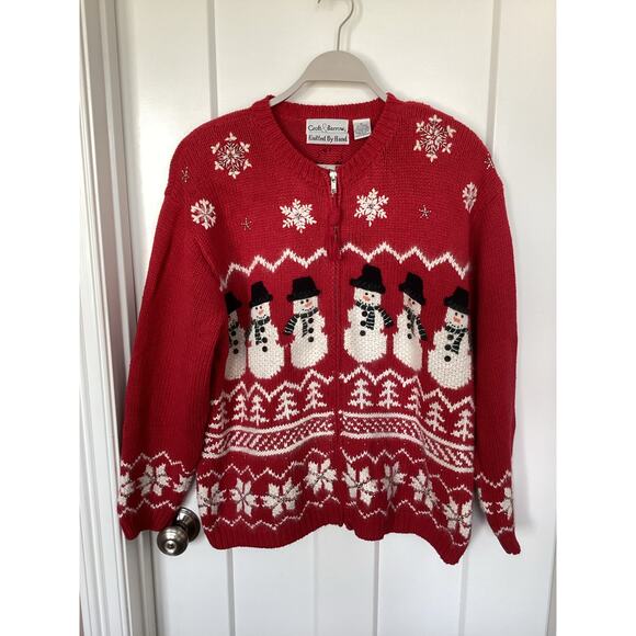 Vintage Croft & Barrow Snowman Christmas Zip Front Cardigan Sweater Red Size XL - Picture 1 of 11